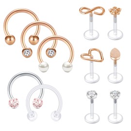 VFUN 16G Horseshoe Cartilage Earrings Nose Lip Eyebrow Rings Clear Lip Piercings Stainless Steel & Bioflex Helix Tragus Conch Earrings for Women Men Rosegold