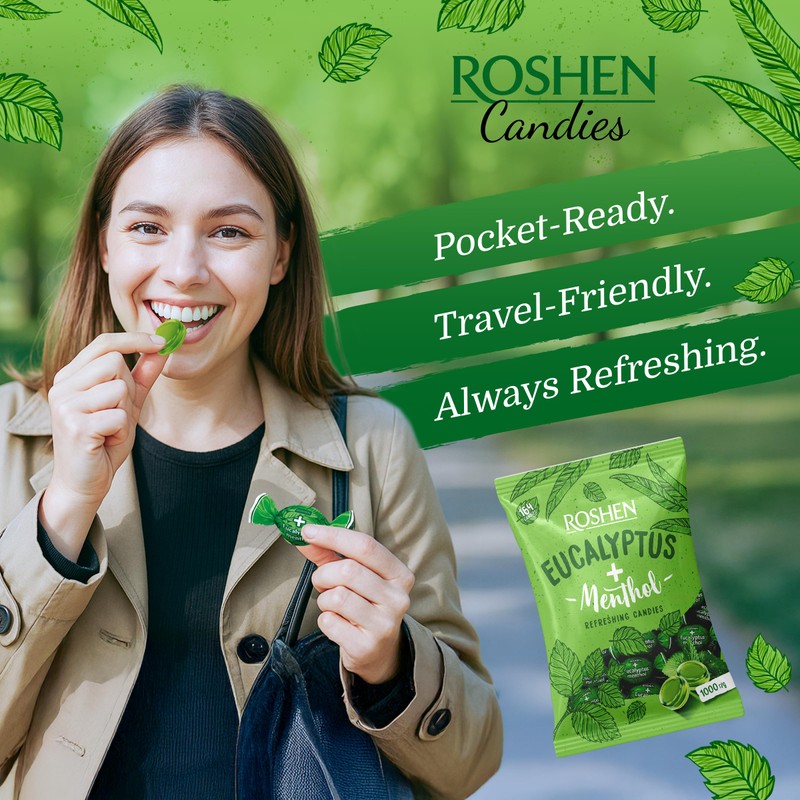 Roshen Eucalyptus-Menthol Hard Candy – Refreshing Mint & Eucalyptus Flavor,