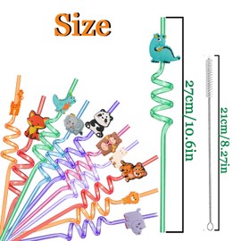 12 PCS Fun Straws for Kids Party Favors,Reusable Safari Birthday Party Supplies, Animal Plastic Curly Hair Drinking Straw, Suitable for Families and Various Party Activities,with 2 Cleaning Brushes