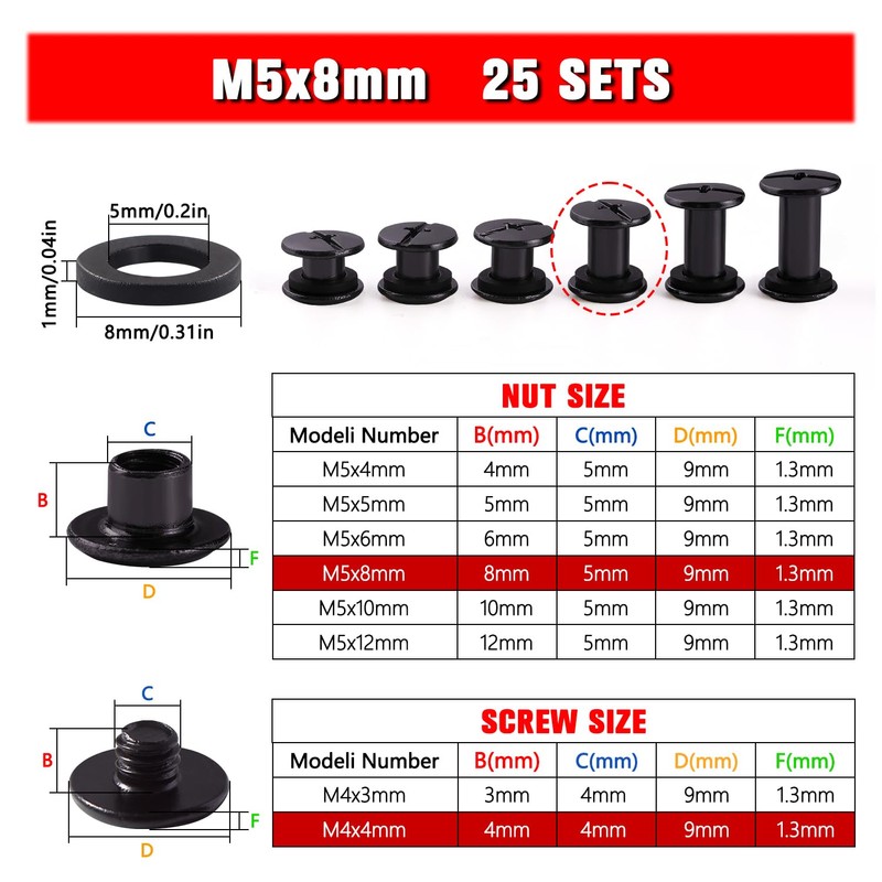 YIXISI 25 Set M5x8mm Chicago Binding Screws Kit, Book Binding