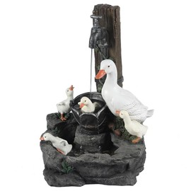 LuxenHome 3 Tiered Resin Duck Family Outdoor Fountain with LED Light, Waterfall Fountain Decor for Garden Patio Court Backyard Decking 24 inch, Gray/White