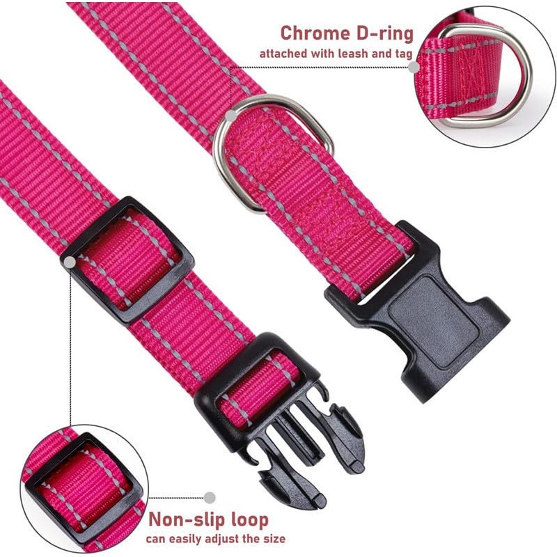 Reflective Nylon Dog Collar with Safety Buckle, Adjustable Pet Collars