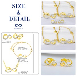 INFINIONLY Jewellery Sets, Women's girl's Necklace Bracelet and Earrings Studs, 925 silver necklace bracelet earrings, Cute dolphin and infinity symbol pendant bracelet earrins, Inlaid zircon, gold