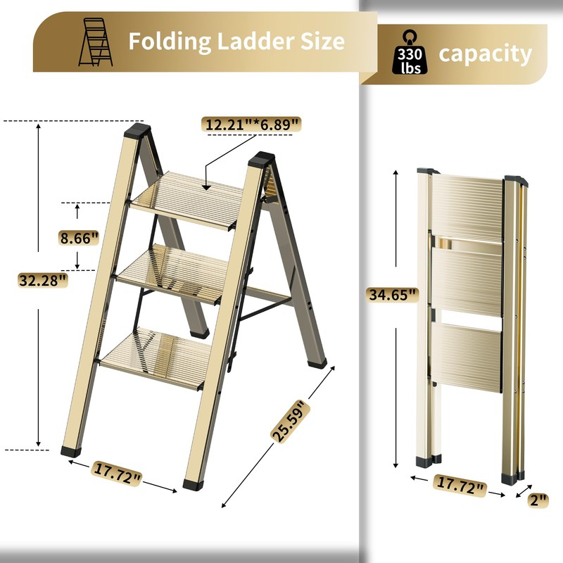 3 Step Lightweight Folding Ladder for Home, 330lbs Aluminum Step