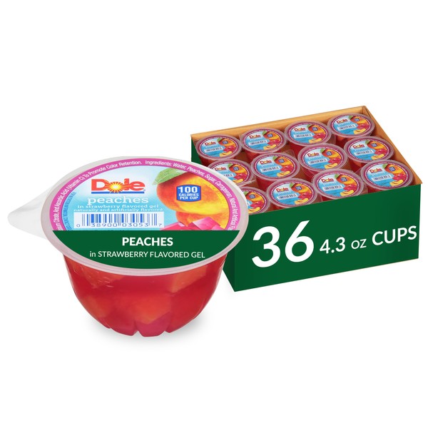 Dole Fruit Bowls Peaches in Strawberry Flavored Gel, Back To School, Gluten Free Healthy Snack, 4.3oz, 36 Cups