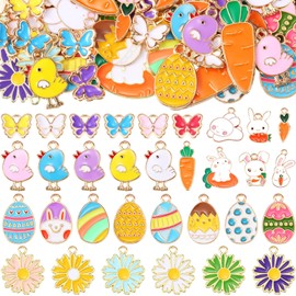 100 Pcs Easter Charms Chick Bunny Carrot Egg Pendant Cute Holiday Charms for Jewelry Making Animal Rabbit Butterfly Daisy Pendant for Necklace Bracelet Earrings DIY Crafts Supply