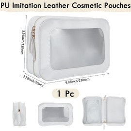 Beebeecraft Clear Makeup Bag Organizer with Zipper Large PU Imitation Leather White Rectangle Cosmetic Pouches Waterproof Clutch Bag with PVC Window for Women Transparent Travel Toiletry Bag 15x23x7cm
