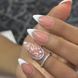 White French Tip Press on Nails Almond Heart Fake Nails with Silver Glitter Designs Medium Length Valentines Glue on Nails Glossy Nude Artificial Nails Valentine’s Day Stick on Nails for Women