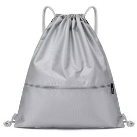 FATASH Large Drawstring PE Bag with Zipper Pocket, Waterproof Swimming & Gym Bag, Kids & Adult Unisex Design, Rucksack For School, Outdoor, Sports & Travel Silver