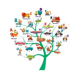 DAYCARE - Multi-Photo Educational Alphabet Tree Decoration Sticker Multicolored Vehicles & Letters Design Vinyl Adhesive Child Care Nursery Wall Decal 30" x 30"