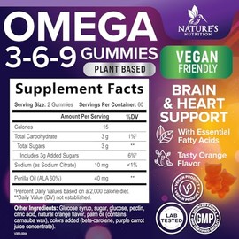 Nature's Nutrition Omega 3 6 9 Gomitas Veganas Suplemento de Ácido Graso Esencial - Aceite de Perilla 369 - Soporte Cardíaco a Base de Plantas, sin OMG - 120 Gomitas