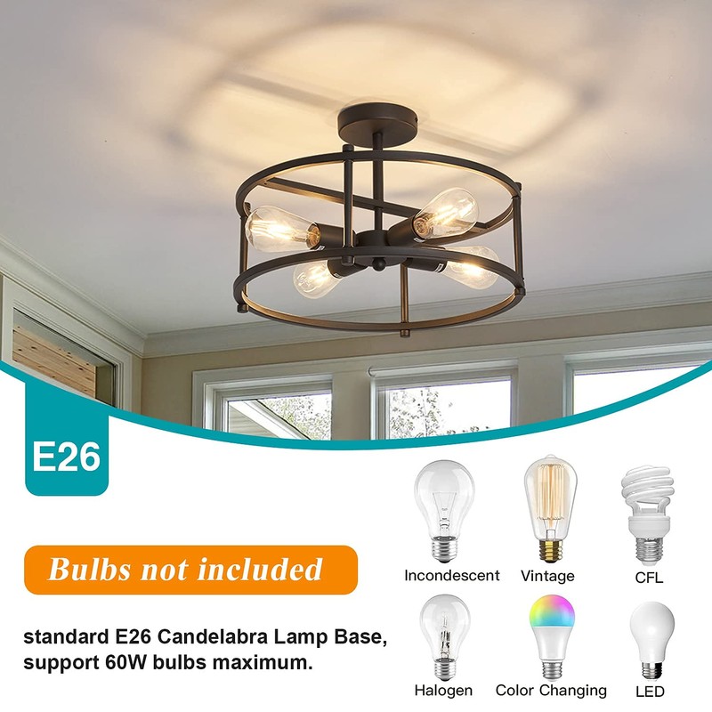 hesoge Industrial Semi Flush Mount Ceiling Light,4 Light Rustic Metal