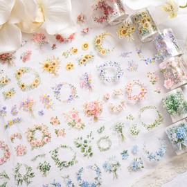 Funincloud PET Tape Stickers for Journaling 6 Rolls Pre-Cut Flower Washi Tape Stickers Decorative Tape for Crafts Scrapbooking Junk Journal Supplies, Wreath of Letters
