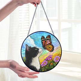 Tuxedo Cat Gifts, Black & White Cat Memorial Suncatcher Gift for Loss of Cats, Butterfly Stained Glass Suncatcher Window Hanging Garden Decor, Pet Loss Gift Christmas Sympathy Gifts for Women