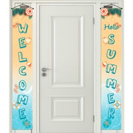 Pudodo Welcome Hello Summer Porch Banner Beach Themed Sea Palm Leaves Starfish Seashell Holiday Party Front Door Wall Sign Decoration