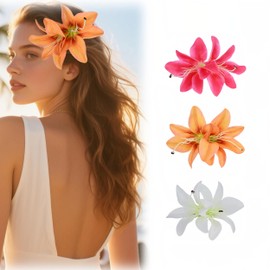 3PCs Tropical Lily Flower Clips for Hair Hawaiian Orchid Flower Hairpins Multicolors Floral Accessories for Beach Vacations, Daily Wear & Special Occasions