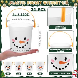 meekoo 24 Pack Christmas Plastic Buckets with Handles 4.69 x 3.78 x 4.8 inch Christmas Snowman Buckets for Gifts Cute Xmas Candy Pails Home Toy Baskets for Christmas Holiday Party Favors Supplies