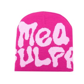 YUERFEILA Women Graphic Beanie Skull Hat MEA Culpa Y2K Knitted Beanie Warm Winter Hat for Gifts (Acrylic, MEA-Rose & Pink)