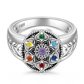 7 Chakra Ring Mandala Lotus Flower Rings for Women Sterling Silver Yoga Chakra Seven Stones Balance Jewelry Gifts Size 11