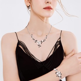 EVER FAITH Party Prom Cubic Zirconia Jewelry Set, Simulated Pearl Marquise Flower Filigree Necklace Earrings Bracelet Set Black Silver-Tone