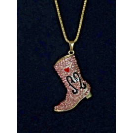 Betsey Johnson Necklace Cowboy Boot Gold Pink Crystals Gift Box  Organza Bag LK
