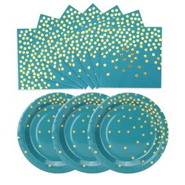 CENLBJ Blue Green Gold Paper Plates and Napkins-100 PCS-50 x 7''Dessert Plates & 50 x 6.5''Napkins,Gold Dots Paper Plates Party Supplies,for Father's Day,Independence Day,Birthday,Picnics
