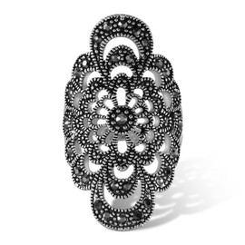 Ajojewel Vintage Big Hollow Flower Rings For Women Black Rhinestone Finger Jewelry (Black, 7)