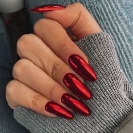24PCS Press On Nails, Mirror Metal Stiletto Fake Nails, Almond Medium Shape, Stick on Nails, Glue on Nails False Nails (Red)