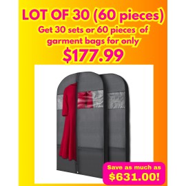 Plixio LOT OF 30 (2-Pack) or 60 Pieces 54" Black Garment Bags for Suits, Dress, Storage