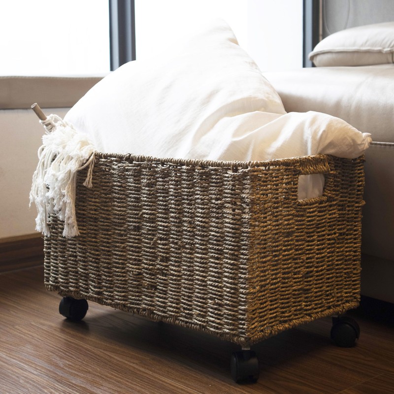 PEMAR Set 2 Nesting Natural Wicker Rolling Storage Baskets on