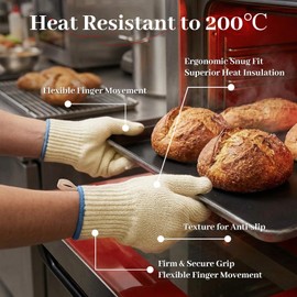 Flintronic Oven Gloves Heat Resistant, Heat Resistant Gloves for Cooking, Double-Layer Non-Slip & Reusable Kitchen Oven Gloves with Fingers Grill Glove for Cooking, Baking, Grilling-1 Pair