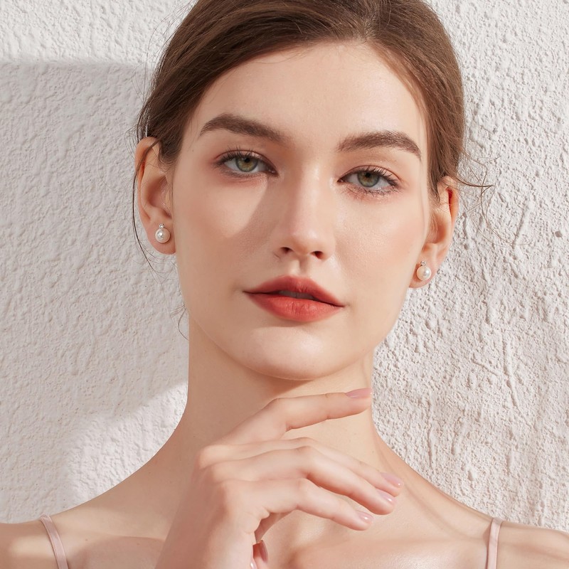 jiamiaoi Shiny Pearl Earrings Silver 925 Stud Large Pearl Earrings