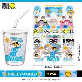 SmileyWorld® Waterproof Stickers for Water Bottles, Smiley Face Labels for Cups, Laptops, Phone, Computer, Guitar and School Supplies 9 Sheets Style B