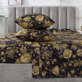 FADFAY Rose Sheets Set Full Vintage Black Gold Floral Bedding Shabby Peony Botanical Sheets Luxury Farmhouse Bedding 800 Thread Count 100% Egyptian Cotton Deep Pocket Fitted Sheet 4Pcs, Full Size