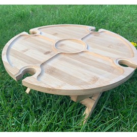 Summit BAMBOO FOLDING CHIP N DIP TABLE W/WINE GL HOLDERS, Camping, Glamping, Festivals, Garden Party, Outdoor dining