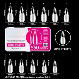 OBP Soft Gel Tips Para Uñas 550 Piezas Extensión de Uñas Diferentes Modelos y Tamaños Uñas Postizas (LONG STILETTO-JP07)