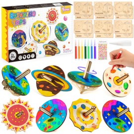vamei Wooden Spinning Top Construction Kit Children 12 Pieces Wooden Craft Set Children Planets Spinning Tops for Painting and Crafts Wooden Craft Set Craft Idea Children's Birthday Creative Toy Gift