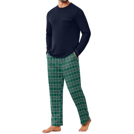 Ekouaer Men's Winter Pyjamas 2 Piece Round Neck Homewear Set Long Sleeve Pajama Sets with Elastic Waistbands, Navy Blue, S