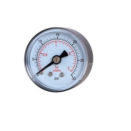 JIVTO Dry Pressure Gauge, 1-1/2" Diameter, 0-30 Psi, 0-2 Bar, 1/8" BSPT Back Assembly, Steel Housing, Brass Connector, PC Window