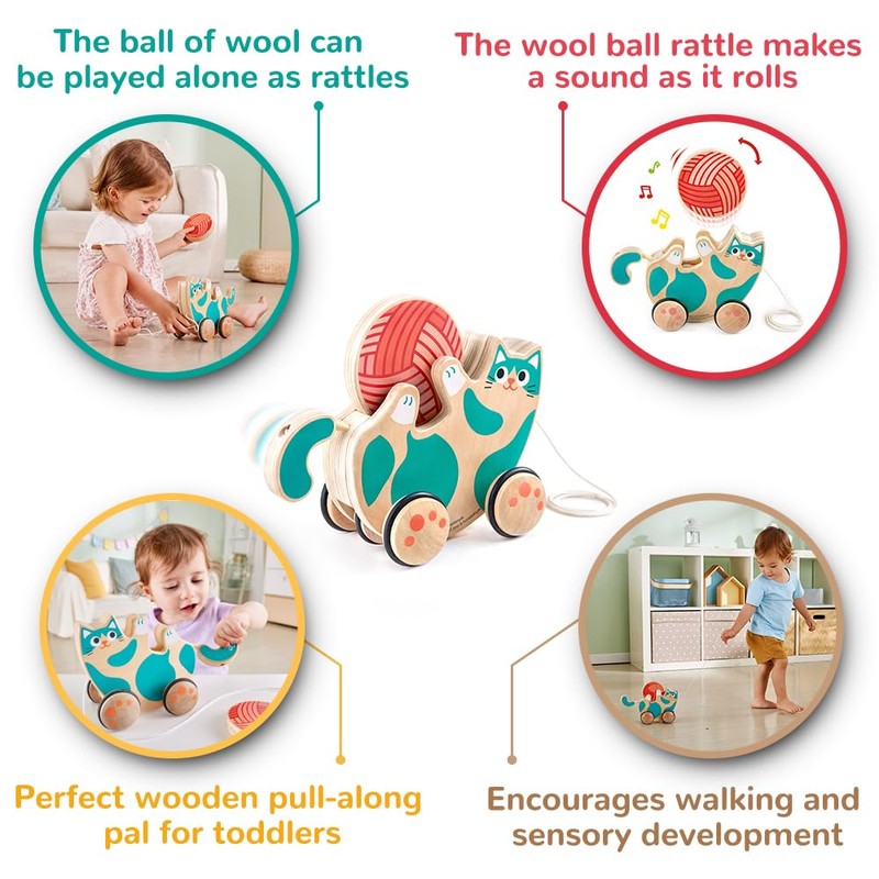 Hape Wooden Walk-A-Long Kitten Pull Toy| Roll & Rattle Push