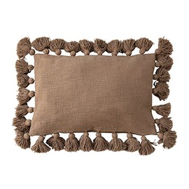 Creative Co-Op Woven Cotton Slub Lumbar Crochet and Tassels Pillow, 24" L x 16" W x 2" H, Brown