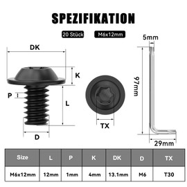 Pack of 20 M6 x 12 Screws, Pan Head Screws, Torx Screws, Flange Screws, Stainless Steel, A2 V2A, Full Thread, Black Oxide, with Torx Key