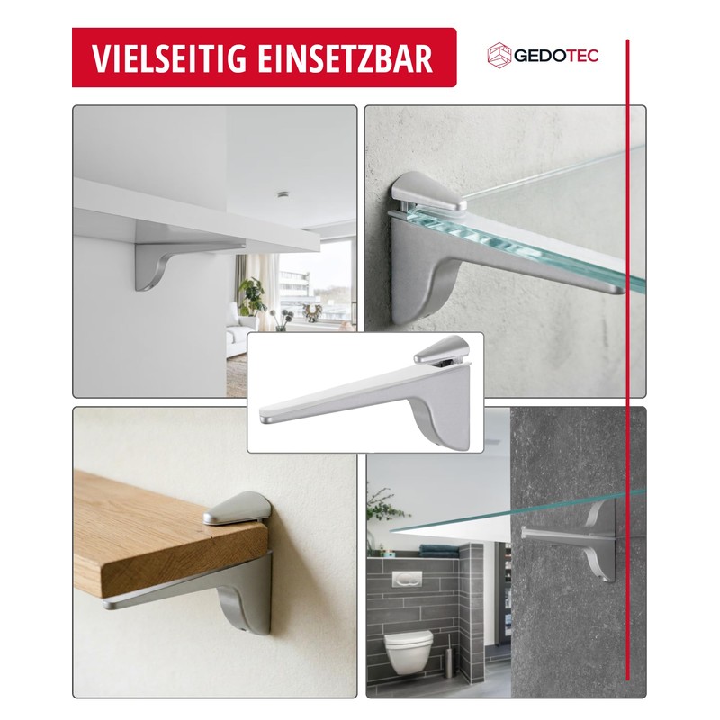 Gedotec Pinocchio Designer Glass Shelf Brackets - Matte Silver |