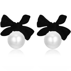GPASTG Dainty Cute Velvet Bow Pearl Flower Dangle Drop Stud Earrings For Women Lover (Black)