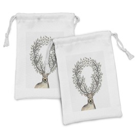 Ambesonne Deer Fabric Pouch Set of 2, Hipster Reindeer with Floral Horns Mythical Creature Pastel Color Illustration, Small Drawstring Bag for Toiletries Masks and Favors, 9" x 6", Soft Pink Blue