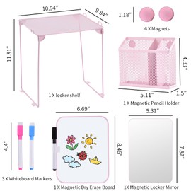 GRENYX Locker Accessories Kit with Locker Shelf, 13PCS Locker Accessories for Girls with Magnetic Whiteboard, Magnetic Mirror, Pen Holder, Dry Erase Markers and Magnets, Back to School Essentials