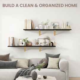 Venusmiles Deep Floating Shelves 16W x 12D Black Floating Shelves for Wall Rustic Wood Wall Shelves for Living Room Bedroom Bathroom Kitchen, Set of 2, Gold Brackets