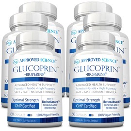 Approved Science Glucoprin - 250 mg Berberine, Mulberry, Cinnamon, BioPerine, Non GMO- Made in The US - 60 Vegan Capsules - Pack of 6