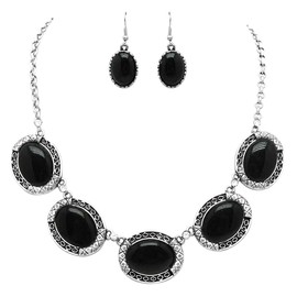 Rosemarie Collections Women’s Western Style Concho Oval Howlite Stones Statement Necklace Earrings Set, 17"+3" Extender (Jet Black Howlite)