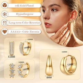 JeweBella 3 Pairs Gold Hoop Earrings for Women Chunky Earrings Hypoallergenic Huggie Earrings 18K Gold Plated Earrings Lightweight Cartilage Stackable Earrings Set(Gold/Silver)